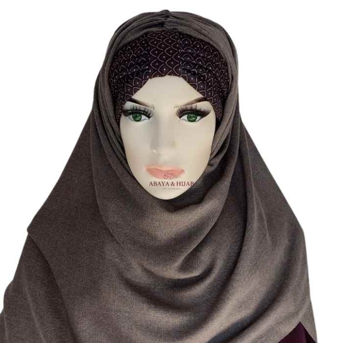 Hijab gris avec bandeau a motif