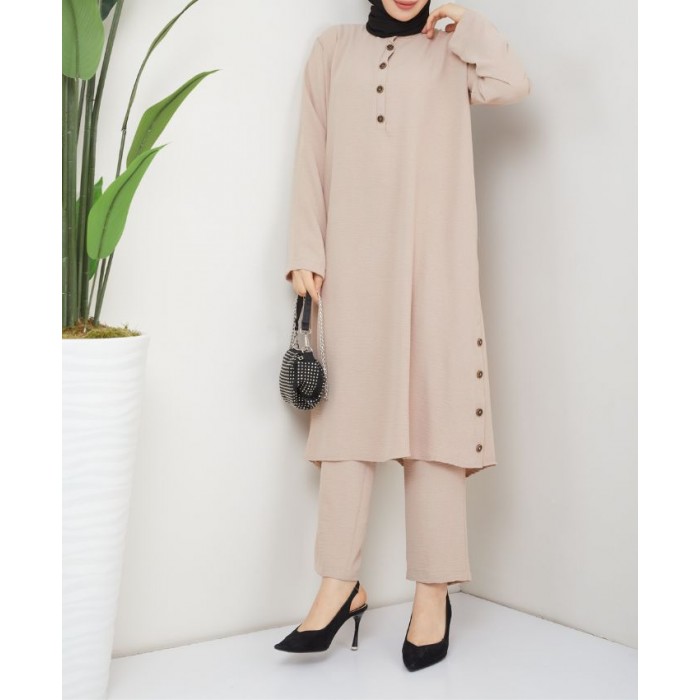 Ensemble ample pour saison automne hiver (Tenue hijab deux pièces : tunique  et pantalon) - Couleur beige